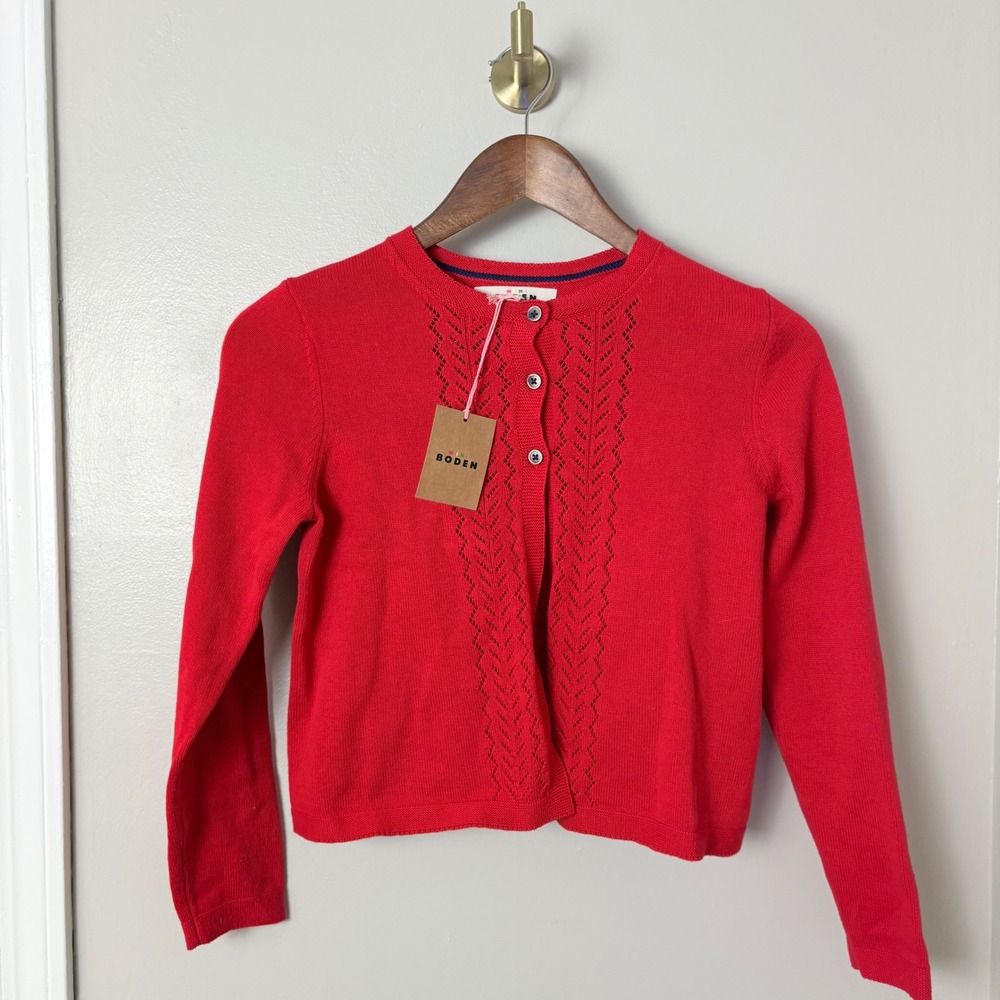 NWT Mini Boden Cardigan Sweater Kids 9-10Y Red Pointelle Knit Button Front